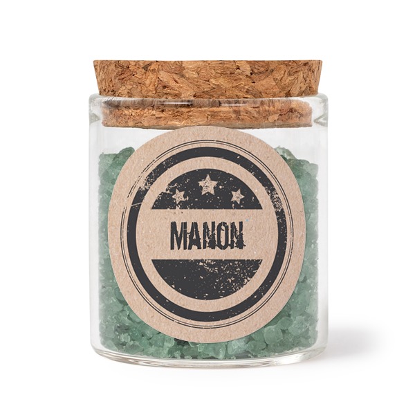 Glass jars with round stickers and green bath salt - set of 12