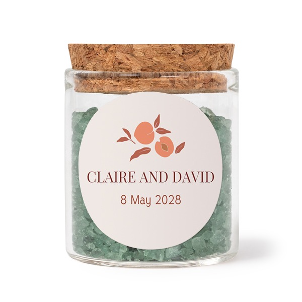 Glass jars with round stickers and green bath salt - set of 12
