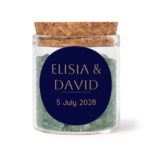 Glass jars with round stickers and green bath salt - set of 12