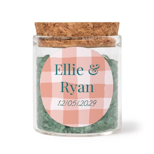Glass jars with round stickers and green bath salt - set of 12