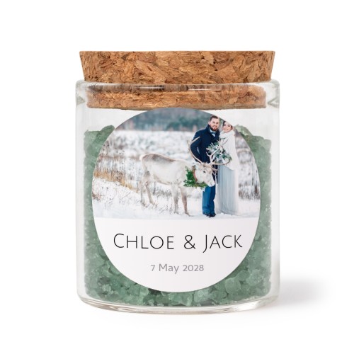 Glass jars with round stickers and green bath salt - set of 12
