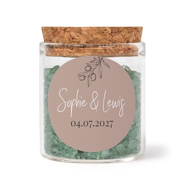 Glasskrukker med runde klistremerker og grønt badesalt - 12 stk