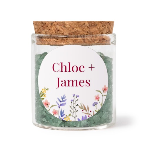Glass jars with round stickers and green bath salt - set of 12