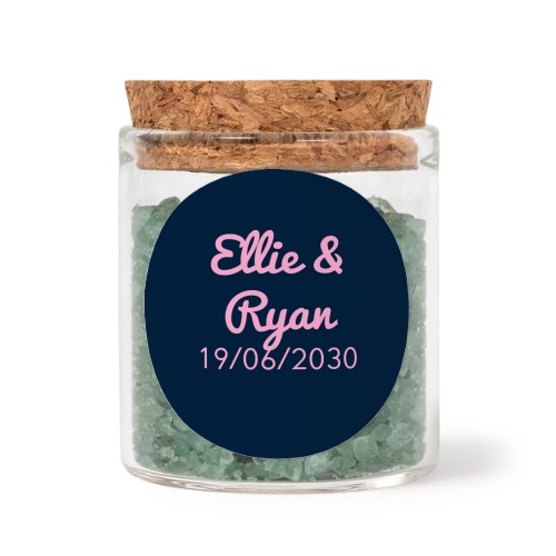 Glass jars with round stickers and green bath salt - set of 12