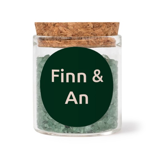Glass jars with round stickers and green bath salt - set of 12