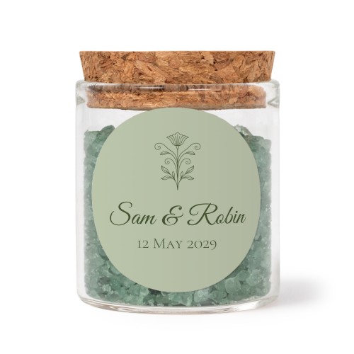 Mini-Glas mit rundem Sticker u. grünem Badesalz - 12 Stk.