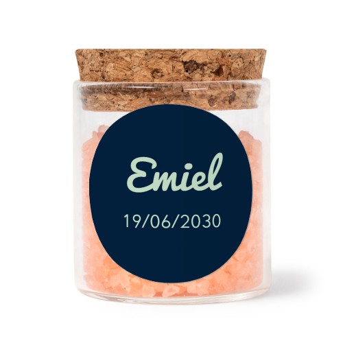 Glass jars with round stickers and pink bath salt - set of 12