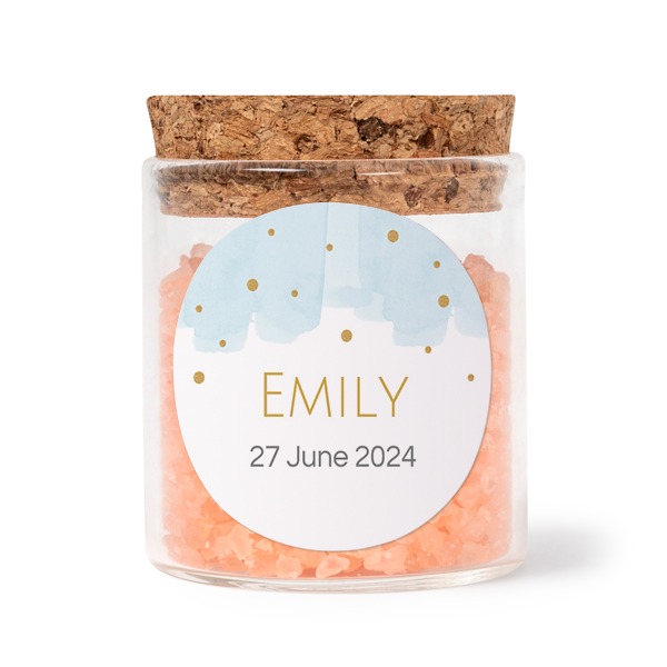 Glass jars with round stickers and pink bath salt - set of 12