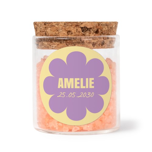 Glazen potjes met ronde stickers en roze badzout (set van 12)