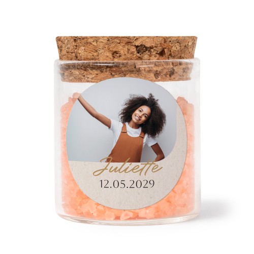 Glass jars with round stickers and pink bath salt - set of 12