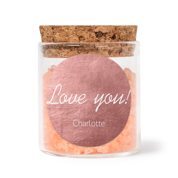 Glass jars with round stickers and pink bath salt - set of 12