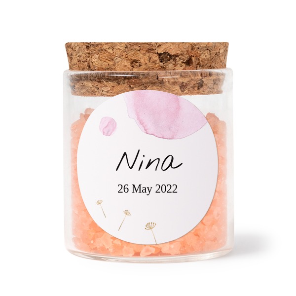 Glass jars with round stickers and pink bath salt - set of 12