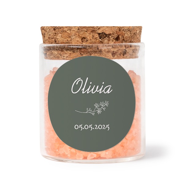 Glass jars with round stickers and pink bath salt - set of 12
