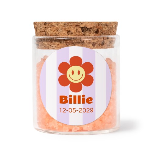 Glazen potjes met ronde stickers en roze badzout (set van 12)