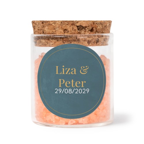 Glass jars with round stickers and pink bath salt - set of 12