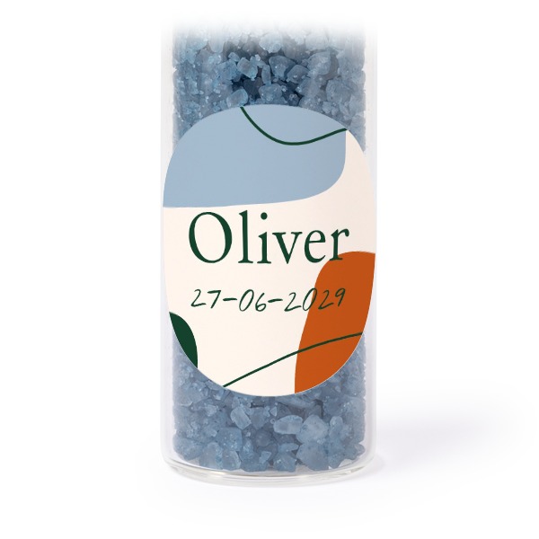 Glazen buisjes met ronde stickers & blauw badzout (set van 12)