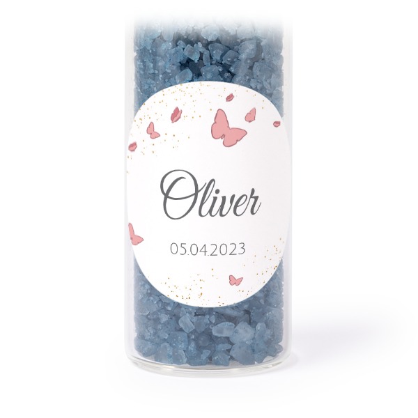 Glass tubes with round stickers & blue bath salt - set of 12