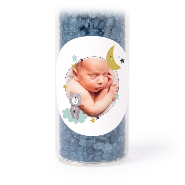 Glassrør med runde klistremerker & blått badesalt - 12 stk