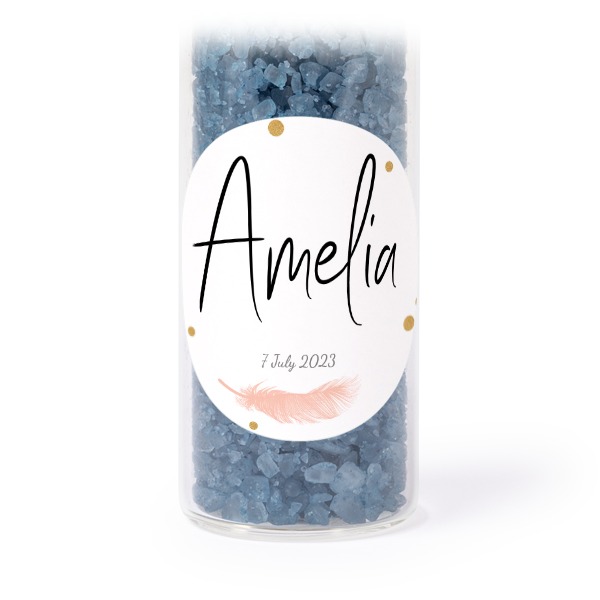 Glass tubes with round stickers & blue bath salt - set of 12