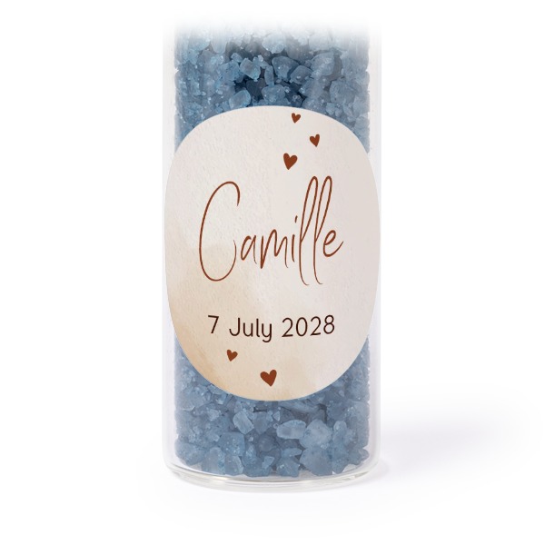 Tube avec sticker rond & sel de bain bleu (lot de 12) Tube avec sticker rond & sel de bain bleu (lot de 12)