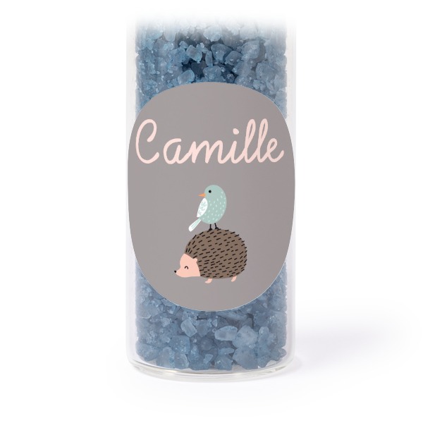 Glass tubes with round stickers & blue bath salt - set of 12