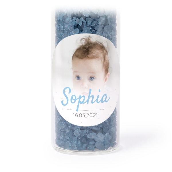 Glass tubes with round stickers & blue bath salt - set of 12