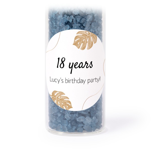 Glass tubes with round stickers & blue bath salt - set of 12