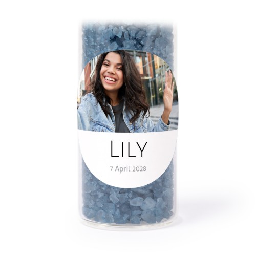 Glass tubes with round stickers & blue bath salt - set of 12 Glass tubes with round stickers & blue bath salt - set of 12