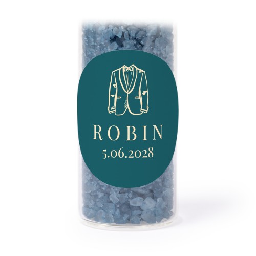 Glazen buisjes met ronde stickers & blauw badzout (set van 12) Glazen buisjes met ronde stickers & blauw badzout (set van 12)