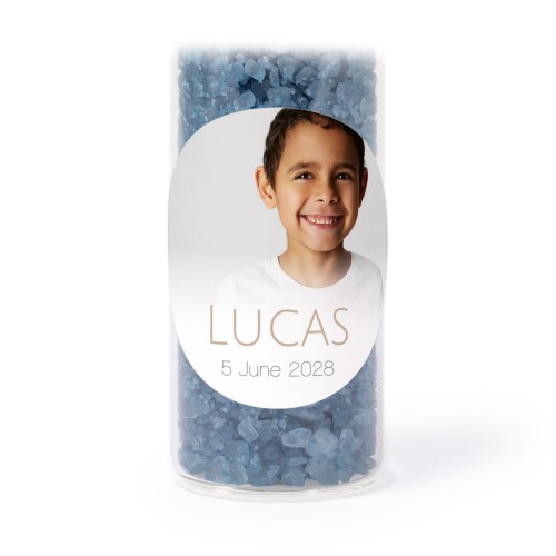 Glass tubes with round stickers & blue bath salt - set of 12