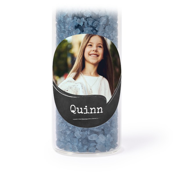 Glass tubes with round stickers & blue bath salt - set of 12 Glass tubes with round stickers & blue bath salt - set of 12