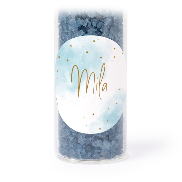 Glazen buisjes met ronde stickers & blauw badzout (set van 12)