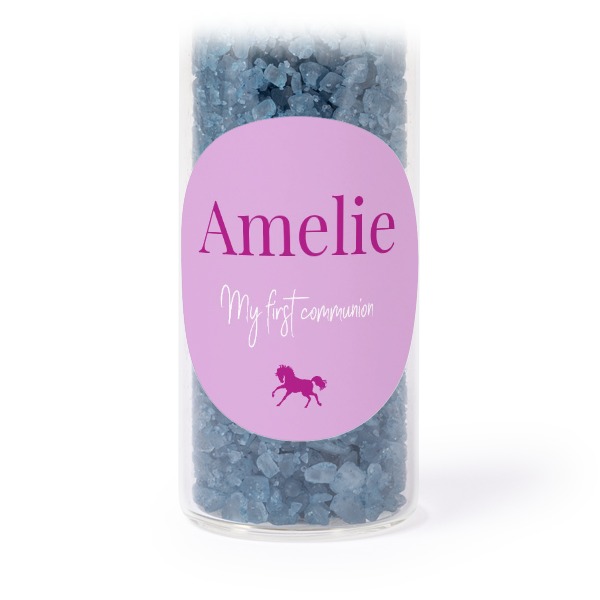 Glazen buisjes met ronde stickers & blauw badzout (set van 12)