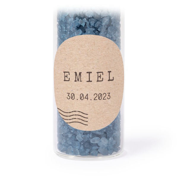 Glasrør med runde klistermærker & blåt badesalt - 12 stk