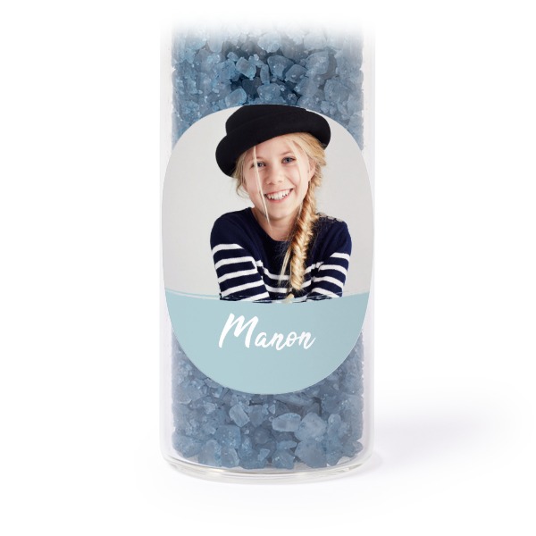 Glazen buisjes met ronde stickers & blauw badzout (set van 12) Glazen buisjes met ronde stickers & blauw badzout (set van 12)