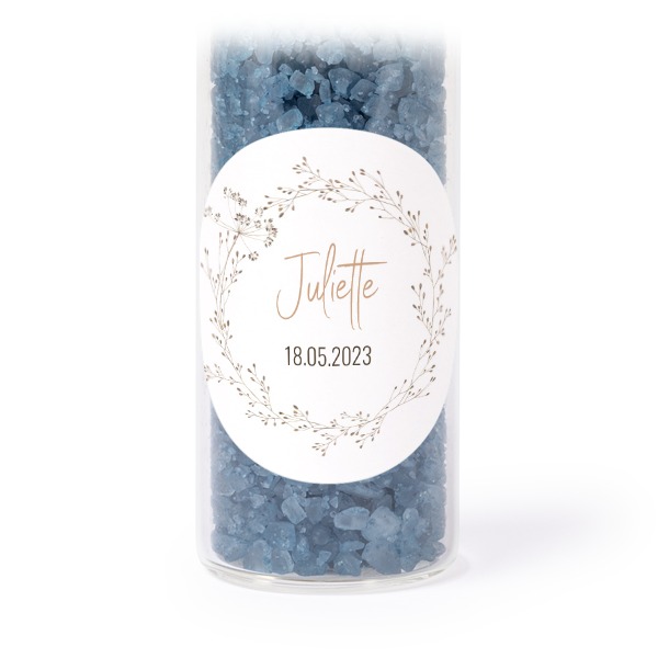 Glass tubes with round stickers & blue bath salt - set of 12