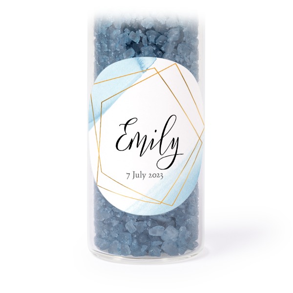 Glass tubes with round stickers & blue bath salt - set of 12