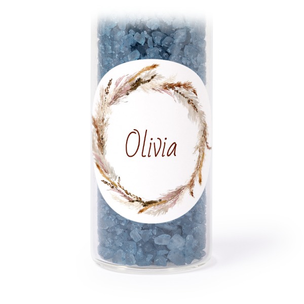 Glass tubes with round stickers & blue bath salt - set of 12