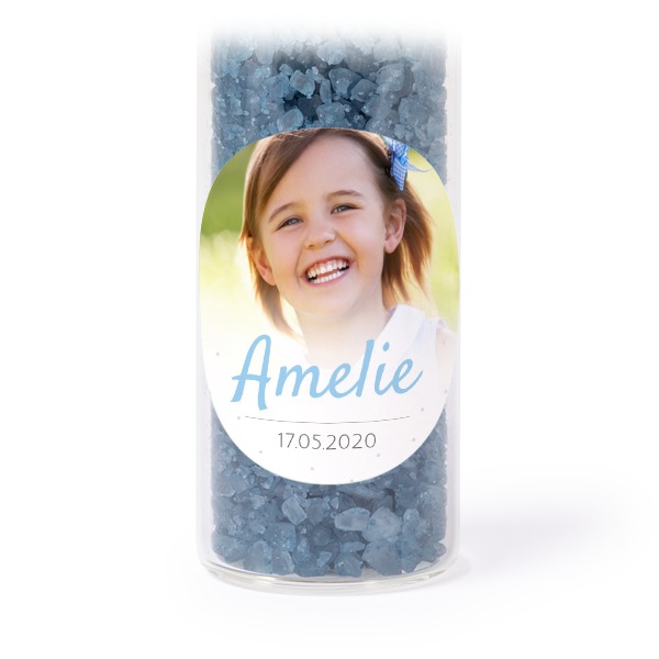 Glass tubes with round stickers & blue bath salt - set of 12