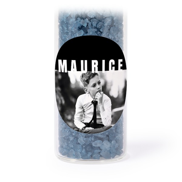 Glass tubes with round stickers & blue bath salt - set of 12