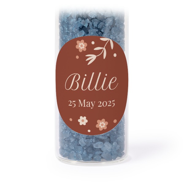 Glazen buisjes met ronde stickers & blauw badzout - set van 12