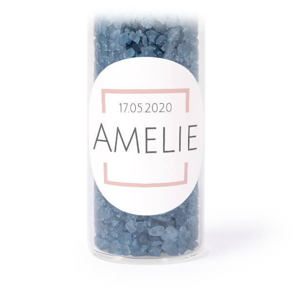 Glazen buisjes met ronde stickers & blauw badzout (set van 12) Glazen buisjes met ronde stickers & blauw badzout (set van 12)