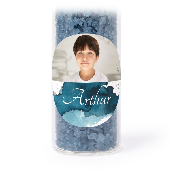 Glass tubes with round stickers & blue bath salt - set of 12