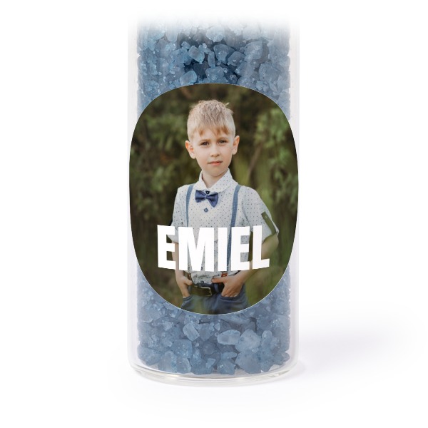 Glass tubes with round stickers & blue bath salt - set of 12