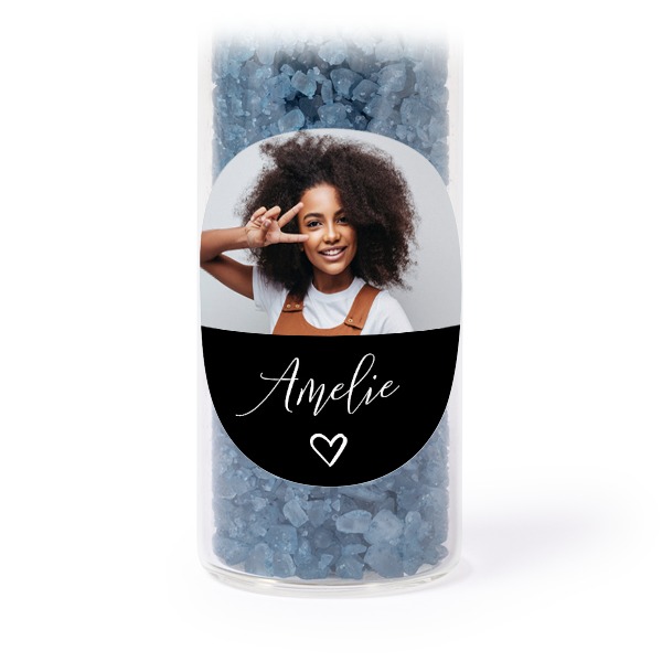 Glass tubes with round stickers & blue bath salt - set of 12