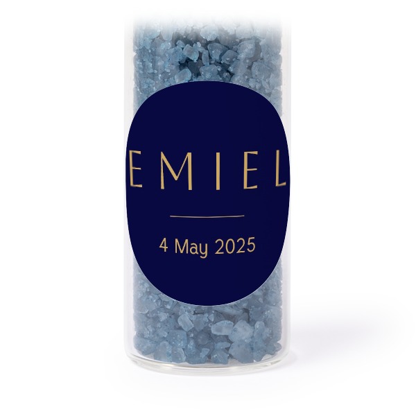 Glazen buisjes met ronde stickers & blauw badzout (set van 12)
