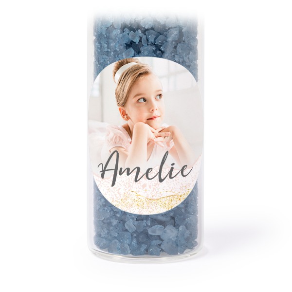 Glass tubes with round stickers & blue bath salt - set of 12