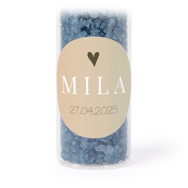 Glass tubes with round stickers & blue bath salt - set of 12