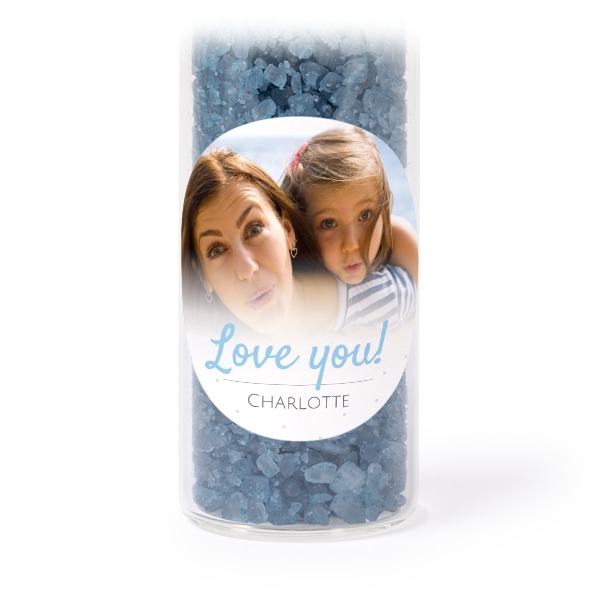 Glass tubes with round stickers & blue bath salt - set of 12