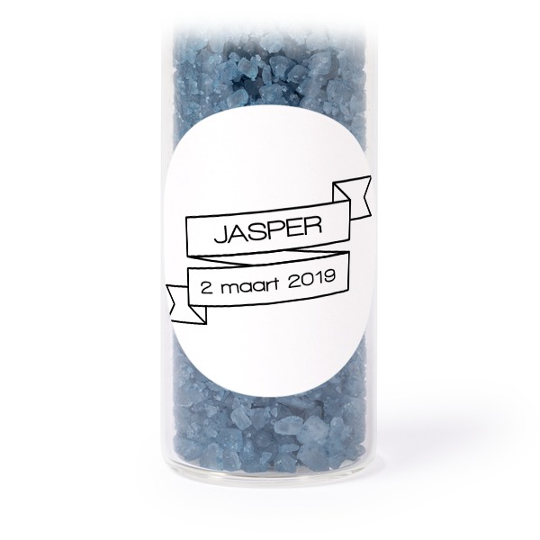 Glass tubes with round stickers & blue bath salt - set of 12